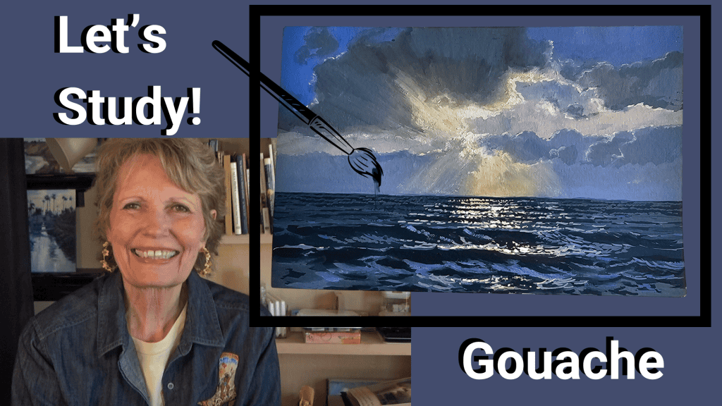 Gouache seascape painting of stormy ocean with dramatic clouds and waves.